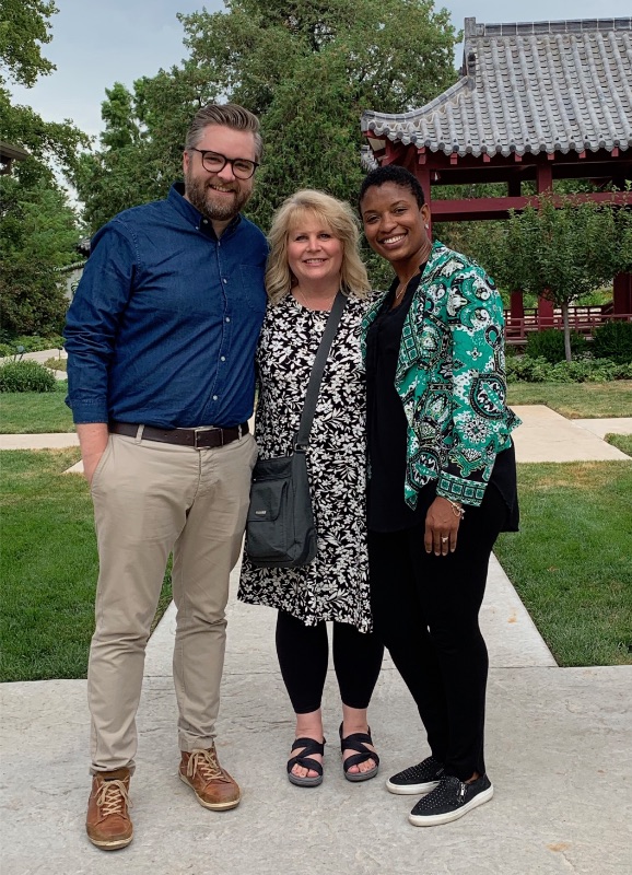 Keynote Speakers Andrew McPeak and Nautrie Jones (right) visit Botanica's Chinese Garden of Friendship with Michelle Bolin - conference coordinator,